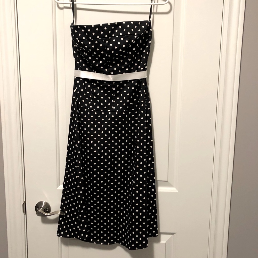Black and white polka dot strapless dress